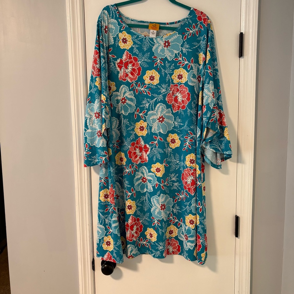 Ruby Rd. Teal Floral Bell Sleeve Dress